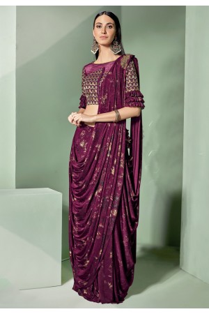 Purple lycra draped party wear saree  5305